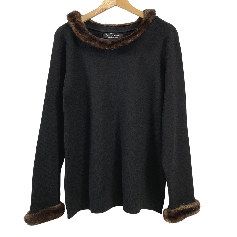 Dialogue‎ Womens Fur Trim Merino Wool Blend Sweater sz L Black Old Money Cozy
